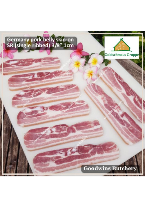 Pork BELLY SKIN ON samcan frozen DANISH CROWN steak cuts schnitzel 1cm 3/8" (price/pack 600g 5pcs)